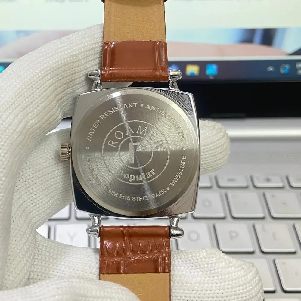Vintage 1982 Roamer Manual Mens Silver Watch W/Leather Strap & Blue accents